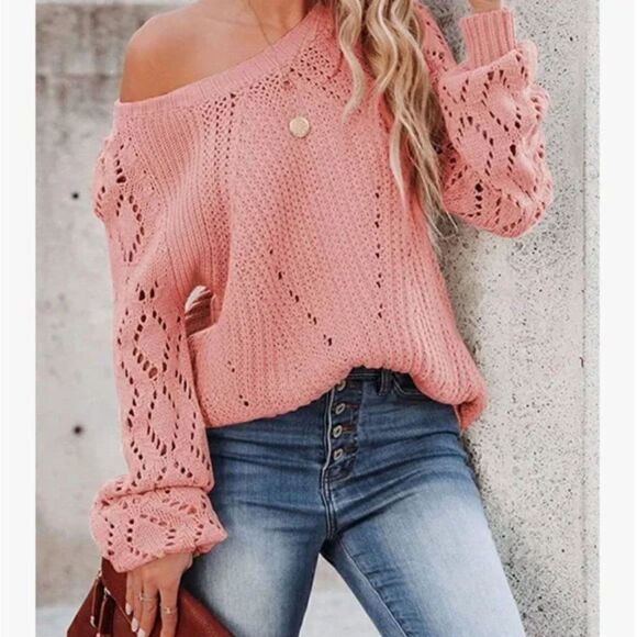 New Pink Crochet Hollow Out Crewneck Knit Sweater Pullover - Picture 1 of 6